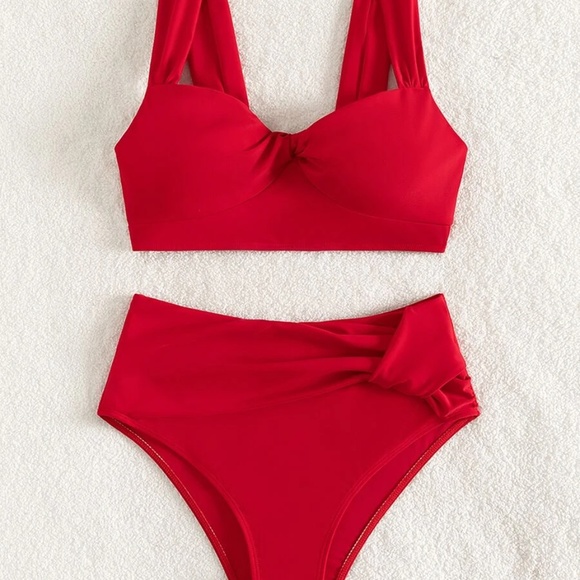 Red Twisted High Waisted Bikini Beach Swim - Picture 2 of 4